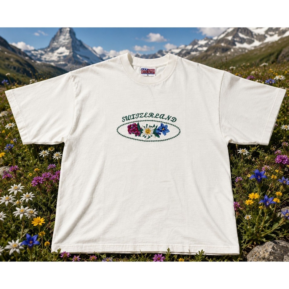Vintage Switzerland Floral Embroidered T-Shirt Men's XL White Single Stitch 90s